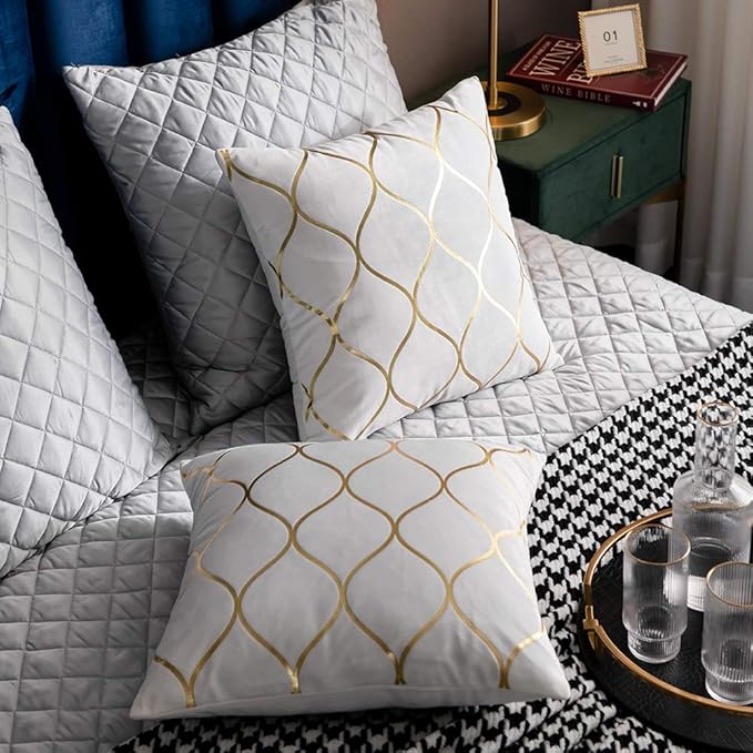 Gold Velvet Throw Pillow Covers Off White: 2 Pack 24x24 Inch Square Decorative Pillow Cases for Bedroom Sofa Couch Living Room