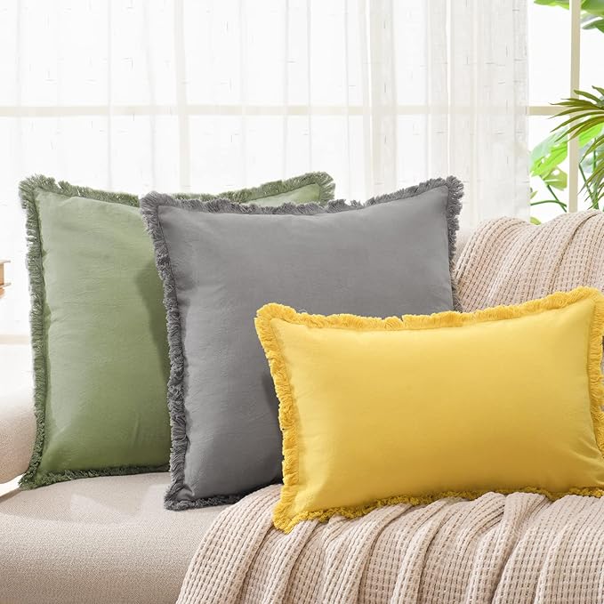 ZWJD Pillow Covers 24x24 Set of 2 Gray Throw Pillow Covers with Fringe Chic Cotton Decorative Pillows Square Cushion Covers for Sofa Couch Bed Living Room Farmhouse Boho Decor