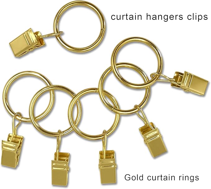 100 Pack Curtain Rings with Clips, Curtain Clip Rings Hooks, Bow Hanger Clips for Hanging Drapery Drapes Bows, Ring 1 inch Interior Diameter, Fits up to 5/8" Rod, Gold