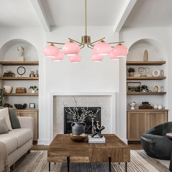 KCO Lighting 8 Lights Pink Bubble Chandelier Modern Kitchen Island Pendant Light Brushed Brass Chandelier Flush Mount Dining Room Living Room Light Fixture
