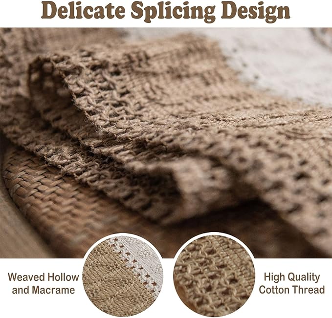 Boho Burlap Macrame Table Runner, Farmhouse Style Cotton Linen Rustic Woven Table Runner with Tassels for Dining, Wedding, Bridal Shower, Bohemian (12x108 inch, Off-White Stripe)