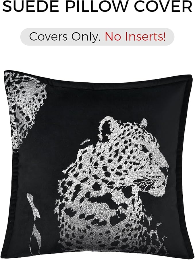 Throw Pillow Cover 18x18'' - Luxe Velvet Silver Leopard Embroidered Pillow Cover, Wrinkle & Fade Resistant, Decorative Cushion Cover for Sofa, Bed Bedroom Living Room