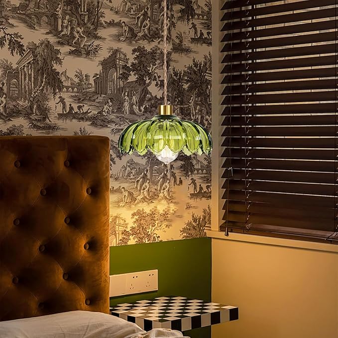 Plug in Pendant Light Hanging Lights with Plug in Cord Boho Hanging Lamp Glass Gold Mid Century Modern Vintage Dimmable Green Flower Plug in Chandelier Ceiling Fixture for Living Room,Kitchen