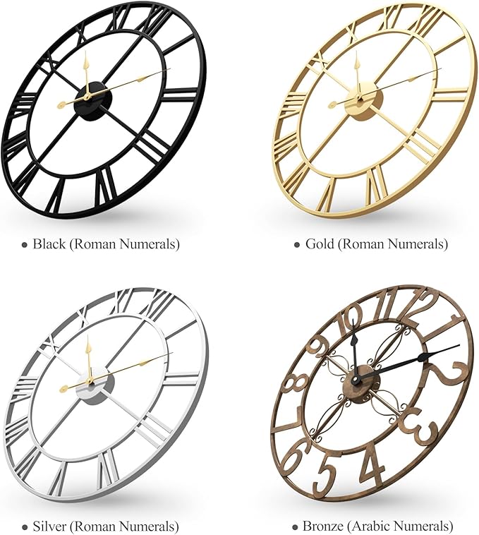 Cuspin Large Retro Rustic Bronze 36 Inch Silent Non-Ticking Battery Operated Metal Round Arabic Numerals Analog Wall Clock for Living Room, Kitchen, Office, Bedroom, Dining Room