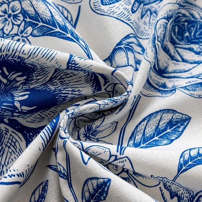 F-CHU Blue Floral Farmhouse Curtains Living Room Drapes 84 Inch Length Cotton Linen Boho Window Curtain with Tassel Rod Pocket Bedroom Macrame Drapes Flower Curtains, 2 Panel Blue Curtain