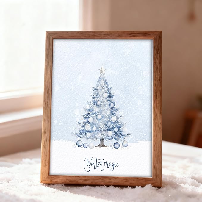 WINDVALE Blue Christmas Wall Art Prints – Nordic Holiday Posters with Santa, Snowman, Nutcracker & Tree – Cozy Winter Farmhouse Decor for Living Room or Fireplace (8x10 Unframed)