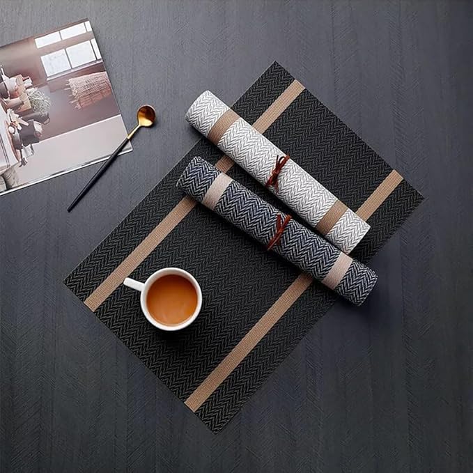 FAVE Placemats Set of 4 Black Placemats Woven with Golden Thread Durable and Wipeable Vinyl Placemats Table Mats Set of 4 for Wedding, Banquet, Birthday, Party, Restaurant (Black, 12"x18"-4PCS)