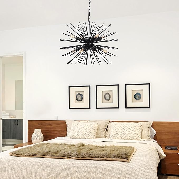 24.21" Black Sputnik Chandelier Vintage Geometric Starburst Chandelier Light Fixture Modern Solid Metal Firework Chandeliers for Dining Room, Kitchen Island, Bedroom, Living Room, E12
