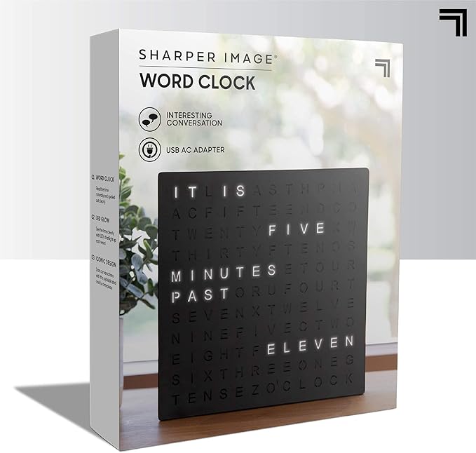 Sharper Image® LED Word Clock – 7.75" Light-Up Digital Clock for Desk & Wall| Modern Time Display Accent Clock| Unique Home Office Décor| Living Room Kitchen Bedroom| Housewarming Gift for Men & Women