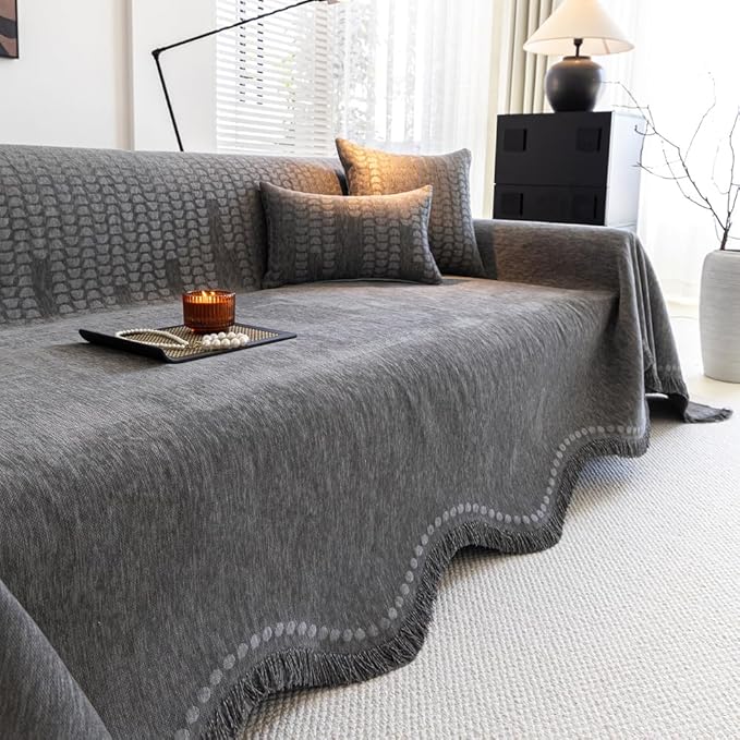 ROOMLIFE Gray Couch Cover Boho Sofa Covers for 3 Cushion Couch Washable, Furniture Protector Sofa Couch Cover for Dogs, Soft Chenille Sofa Slipcover, Couch Throw Blankets with Tassels 71 '' X 118''