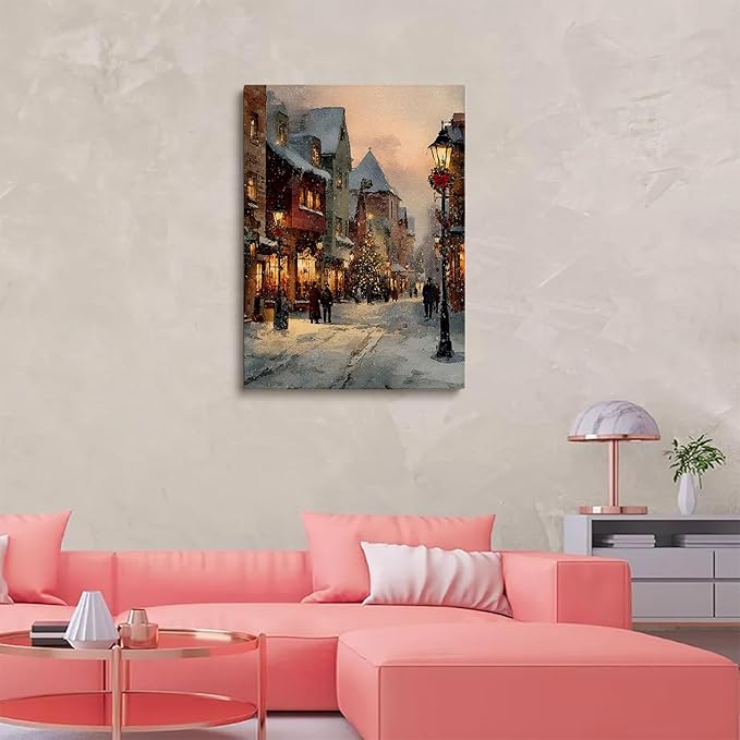 Vintage Christmas Village Prints- Nostalgic Xmas Painting,Snowy Village,Rustic Holiday Decor,Cottage-core Christmas Tree Prints