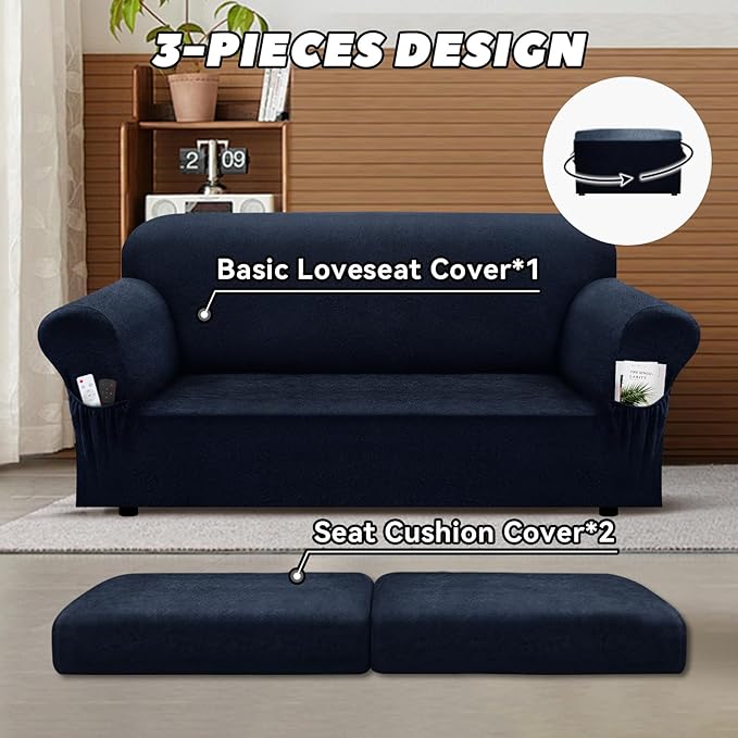 Loveseat Slipcover with Armrest Pockets 3-Piece Set, Stretch Faux Leather Love Seat Covers for 2-Cushion Couches(Fits 58-66") - Non-Slip, Machine Washable, Pet & Kid Friendly - Navy