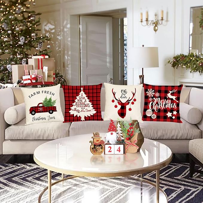 Neatee Living Christmas Pillow Covers 18x18 Set of 4 Red Xmas Vintage Throw Pillows Christmas Tree Deer Snowman Pillow Cases Outdoor Sofa Couch Cushion Covers for Home Decorations (18 by 18)