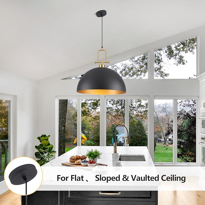 19.7" Large Dome Pendant Light - Black and Gold Pendant Light for Kitchen Island, Modern Industrial Lighting Fixtures for Dining Room, Foyer, Entryway, Hallway