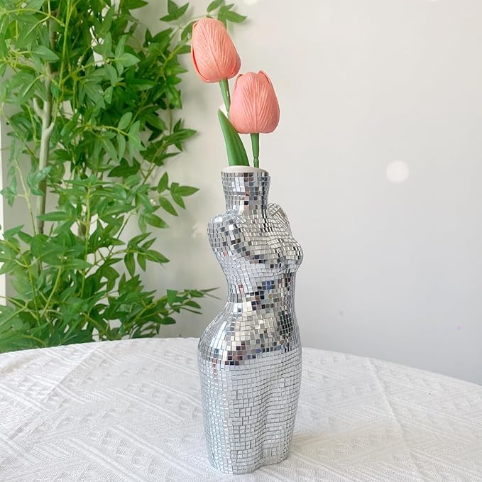 8.8 Inch Modern Chic Vase for Decor, Handmade Silver Disco Creative Boho Decor for Home,Table, Bathroom, Curve Art Body Flower Vase, 3.2x2.2x8.8 inches