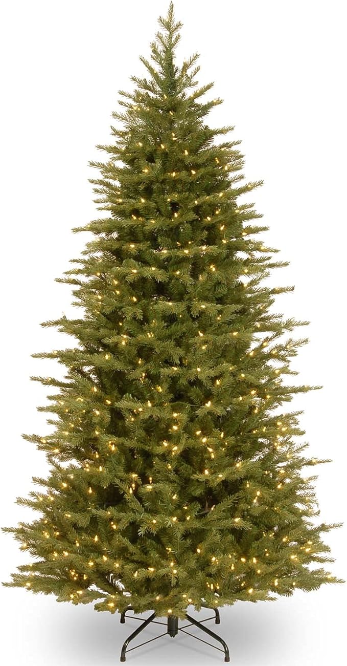 National Tree Company 7.5 ft Pre-Lit Nordic Spruce Slim Artificial Christmas Tree, 600 LED Lights, 3,268 Tips, Foot Pedal, 10 Light Functions, Includes Stand, Green
