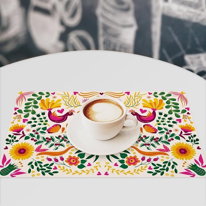 Mexican Floral Placemat Set of 4, 12x18 Inch Boho Cinco de Mayo Colorful Mexico Birds Fiesta Dia De Los Muertos Day Talavera White Coffee Table Mats for Outdoor Kitchen Dining Table Decoration
