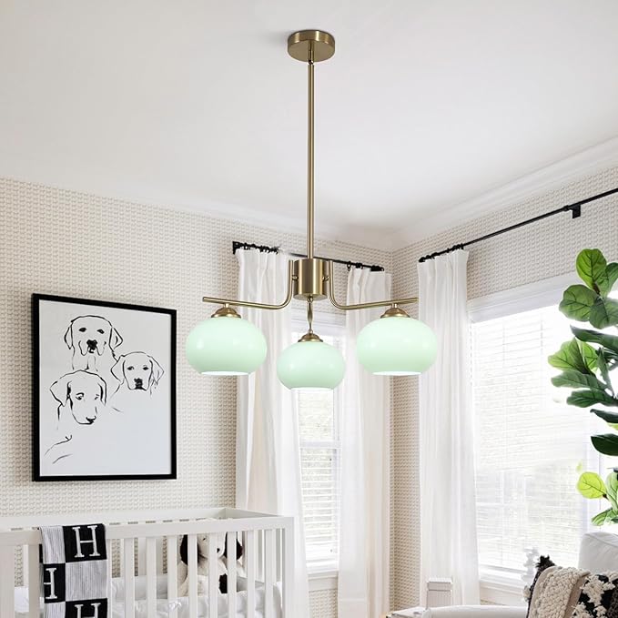 KCO Lighting Vintage Green Glass Chandelier 3 Light Globe Sputnik Chandeliers Modern Brushed Gold Chandelier Mid Century Flush Mount Chandelier Light Fixture