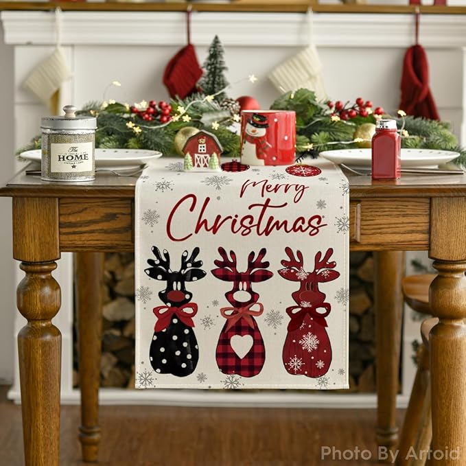 Artoid Mode Red Deer Snowflakes 210 GSM Merry Christmas Table Runner, Seasonal Winter Kitchen Dining Table Decoration for Home Party Decor 13x72 Inch
