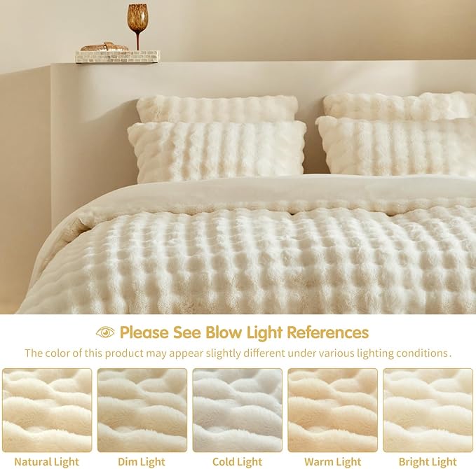 Tokokimo Beige Fluffy Duvet Cover King Size, Faux Rabbit Fur Comforter Cover King Set 3 Pieces (1 Shaggy Duvet Cover+2 Pillowcases) Fuzzy Bedding Set (Beige, King)
