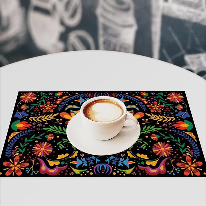 Mexican Floral Placemat Set of 4, 12x18 Inch Colorful Mexico Fiesta Birds Talavera Cinco De Mayo Dia De Los Muertos Day of The Dead Coffee Table Mats for Outdoor Kitchen Dining Table Decoration