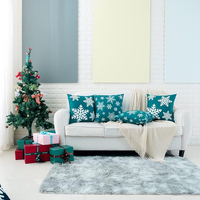 HWY 50 Teal Decorative Throw Pillow Covers 16x16 Inch for Couch Sofa Living Room Bed, Soft Christmas Big and Small Snowflakes Print Throw Pillows Cases Set Cushion Cover Pack of 2