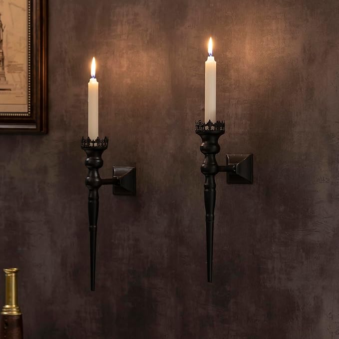 Gothic Wall Sconce Candle Holder for Taper Candles (Set of 2) Black Iron Crown and Scepter Design Victorian Wall Decor for Living Room, Bathroom,Dining Room