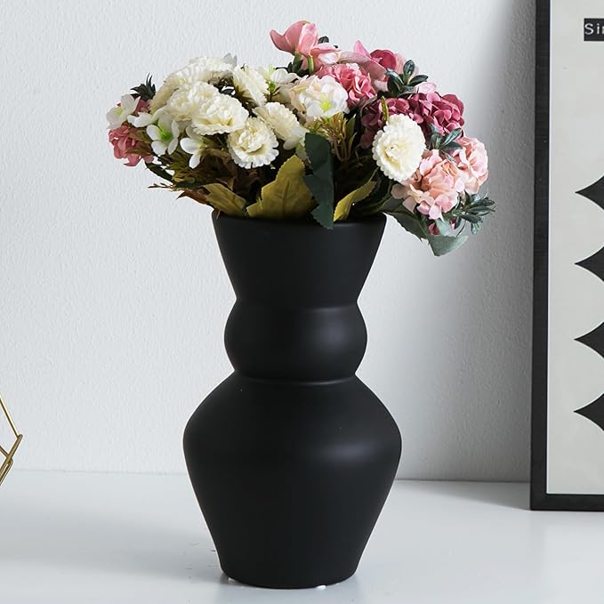 Black Ceramic Vase, Modern Matte Pampas Grass Vases, Boho Big Mouth Vase Home Decor for Centerpiece Wedding Party Living Room Office Bedroom, Housewarming Gift
