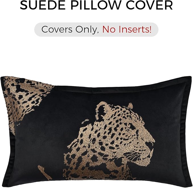 Decorative Lumbar Throw Pillow Cover 12x20'', Velvet Gold Cheetah Embroidered Throw Pillows, Modern Accent Pillow Cover for Bed Couch Sofa Bedroom Living Room