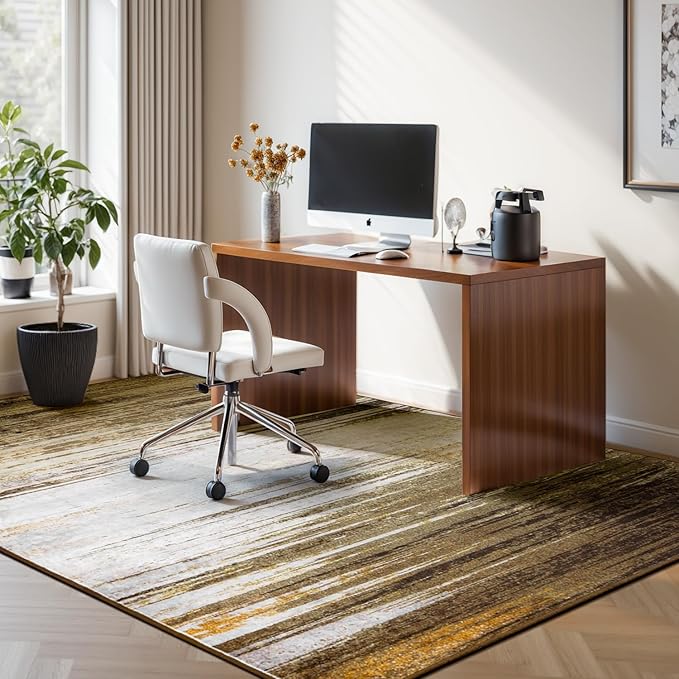 Rugflix 6x9 Area Rug, Washable Rug for Living Room, Non Slip, Soft Low Pile, Modern Abstract Gold Brown Rug for Bedroom, Dining Room, Home Office, Indoor Floor Carpet