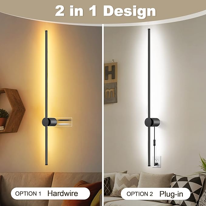 Wall Sconces Set of Two with Remote, Stepless Colors 3000K-6500K & Stepless Dimming, Hardwire or Plug-in, 180ยฐ Rotate, LED Black Plug in Wall Sconces with Timer & Night Light, 39.4 Inches