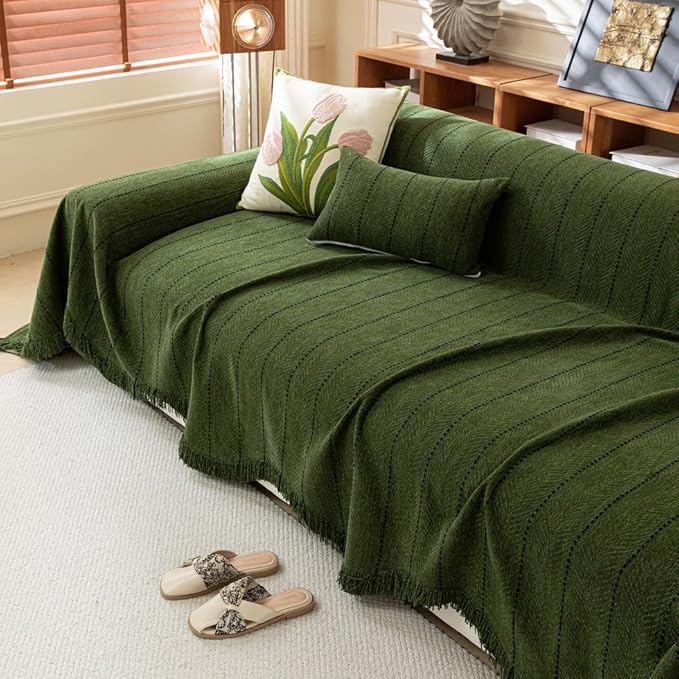 ROOMLIFE Green Sofa Cover, Vintage Boho Couch Cover for 3 Cushion Sofa, Non Slip Soft Chenille Sofa Slipcovers for Dog, Washable Furniture Sofa Protector Cover with Tassel for Living Room, 71''X150”