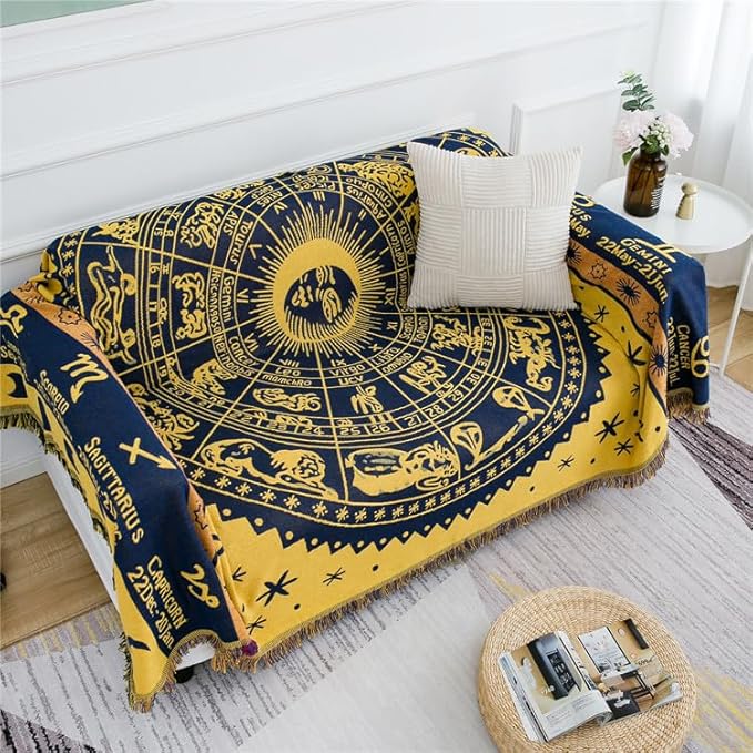 Boho Throw Blankets Woven Reversible Cotton Bohemian Tapestry Hippie Room Decor Witchy Astrology Zodiac Celestial Constellation Carpet Bed Recliner Chair Couch Sofa Cover Double Sided 70"x90"