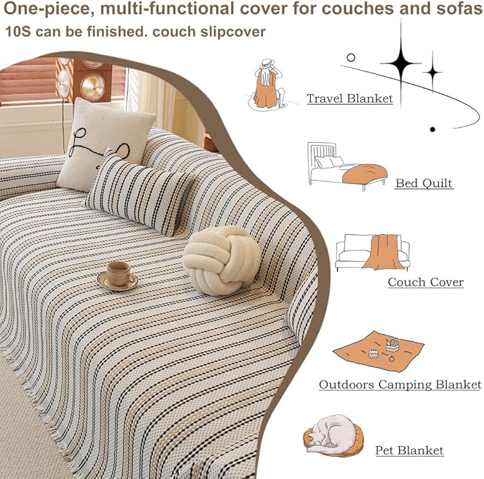 ROOMLIFE Thicked Striped Boho Khaki Couch Cover for 2-3 Cushion Sofa, Chenille Sofa Slipcovers Sectional Sofas Covers for Dog, Non Slip Washable Furniture Protector Soft with Tassel 71''X134''