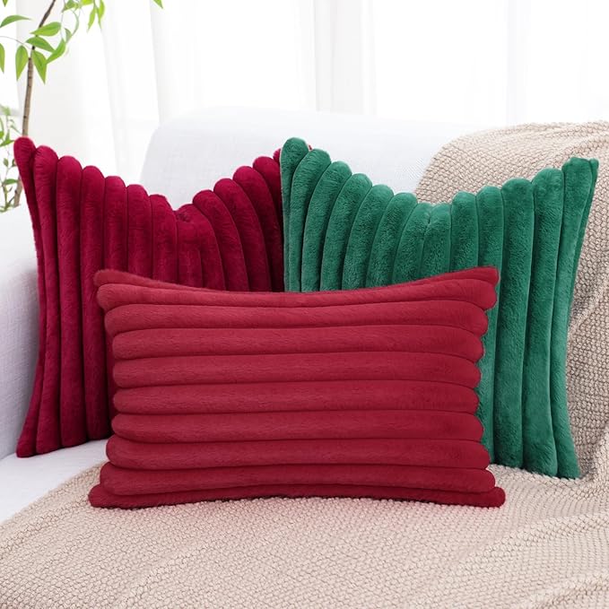 decorUhome Faux Fur Christmas Throw Pillow Covers 12x20 Set of 2, Decorative Soft Plush Striped Lumbar Neutral Couch Euro Pillow Covers with Velvet Back for Sofa, Bed, Living Room Home Decor, Red