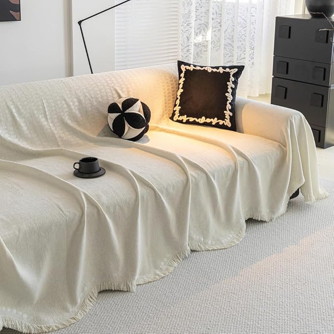 ROOMLIFE Boho White Couch Cover for Dogs, Washable Non Slip Furniture Protector Couch Sofa Covers for 3 Cushion Couch, Soft Chenille Couch Cover Throw Blanket with Tassels 71''X118''