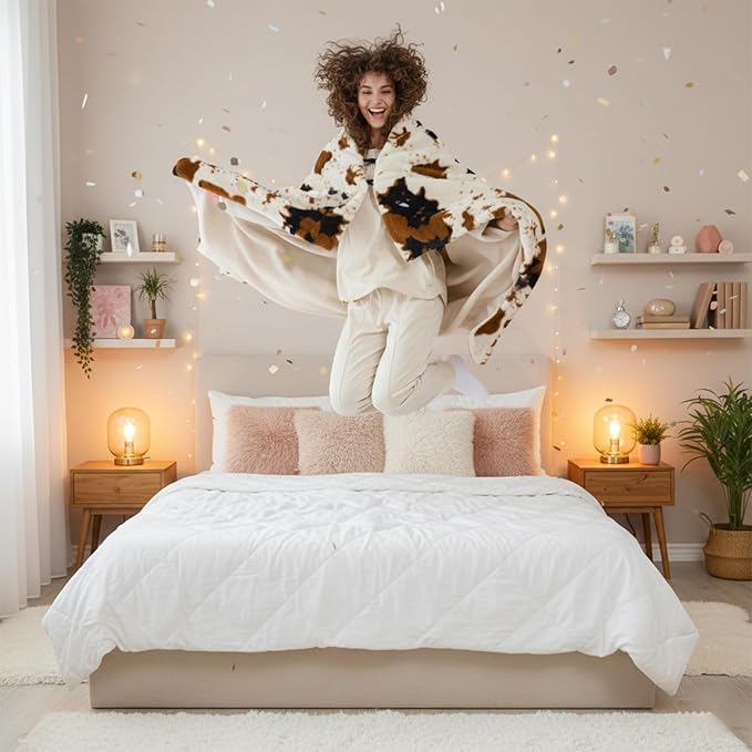 Krifey Faux Fur Blanket with Knot, Soft Cozy Fuzzy Plush Thick Warm Throw Blanket, Faux Rabbit Fleece, Christmas Birthday Gifts for Girls Women Mom, As Shawl, Cow Print, 48x62in