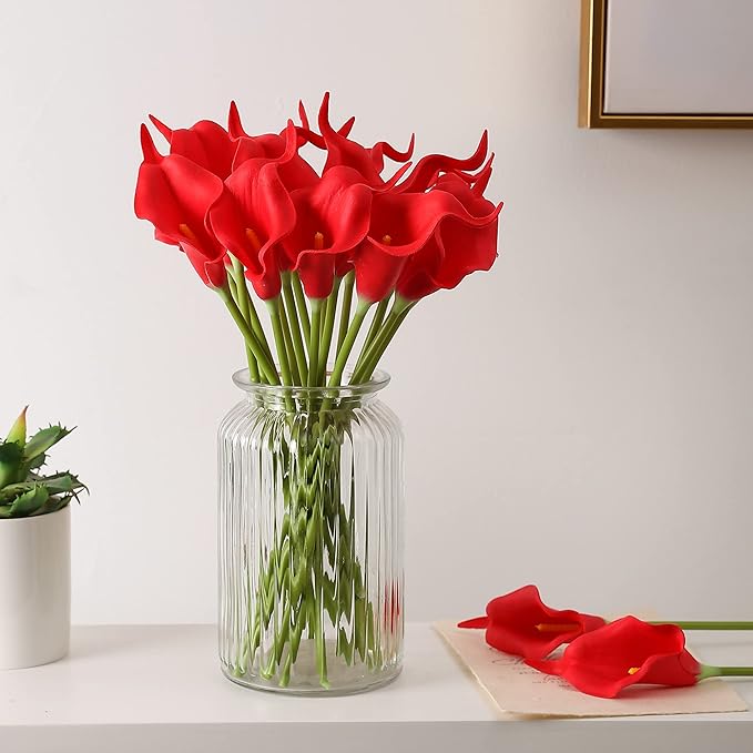 Duovlo 20pcs Calla Lily Bridal Wedding Bouquet Lataex Real Touch Artificial Flower Home Party Decor (Red)