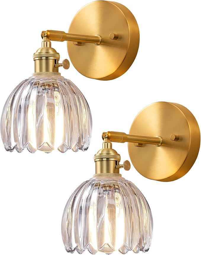EDISHINE Hardwired Wall Sconces Set of Two, Brass Gold Wall Lamp with Transparent Tulip Glass Lampshade 180 Degree Adjustable, Vintage Bathroom Lighting Fixtures for Bedroom Living Room Hallway