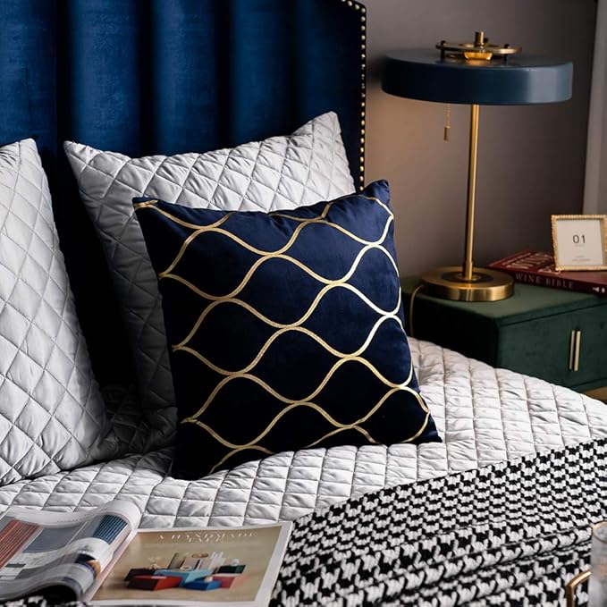 Gold Velvet Throw Pillow Covers Navy: 2 Pack 20x20 Inch Square Decorative Pillow Cases for Bedroom Sofa Couch Living Room