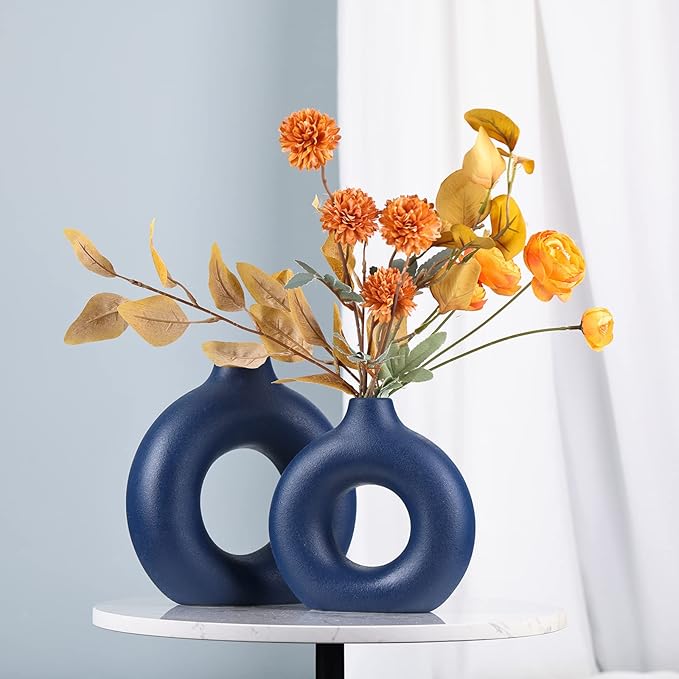Navy Blue Ceramics Vase for Home Decor,Minimalist Nordic Hollow Donut Vase Set of 2,Modern Navy Blue Decor for Kitchen Table Centerpiece,Living Room,Fire Place,Bookshelf,Office,Entryway,Console