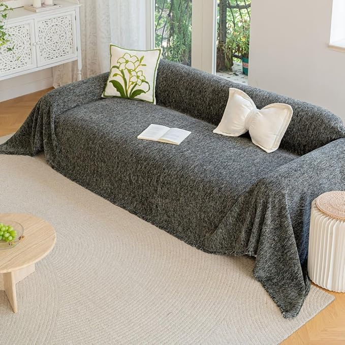 ROOMLIFE Gray Couch Cover Boho Sofa Covers for 3 Cushion Couch Washable, Furniture Protector Sofa Couch Cover for Dogs, Soft Chenille Sofa Slipcover, Couch Throw Blankets with Tassels 71 '' X 150''