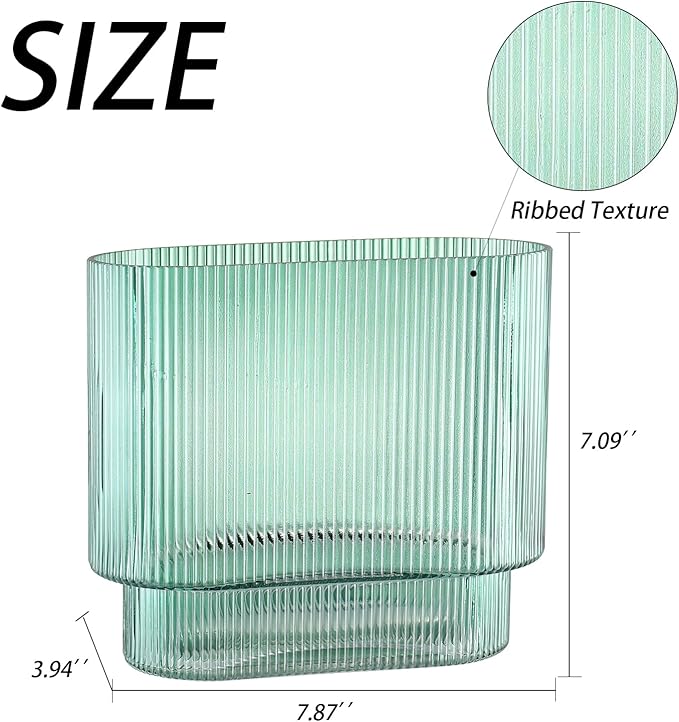Green Glass Vase, Ribbed Glass Vase for Flowers, Flower Vases for Bouquet, Fluted Glass Vases, Modern Vase for Living Room, Dining Room, Bathroom, Desk, Shelf, Wedding, Office, 7 Inches