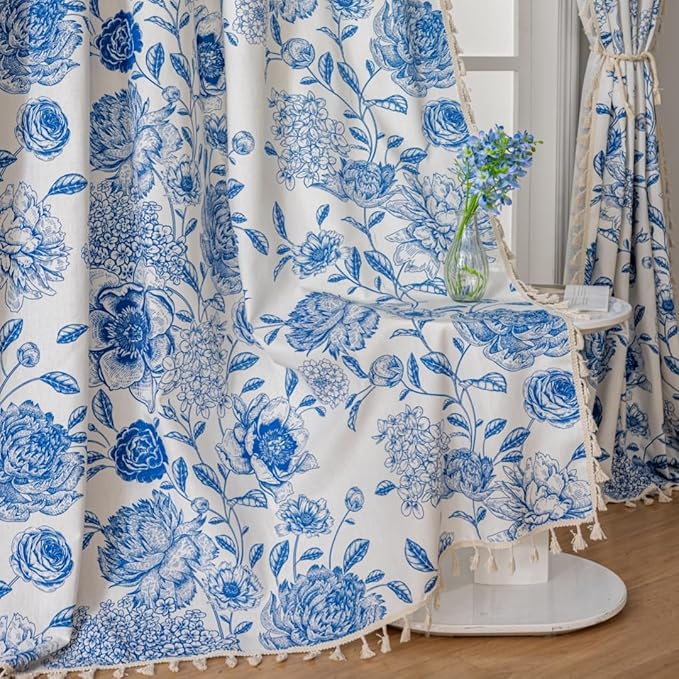 F-CHU Boho Curtains for Living Room 96 Inch Length French Country Floral Drapes Farmhouse Rustic Vintage Window Curtain Panels for Bedroom Chic Cotton Linen Closet Curtains๏ผ2 Panel Blue Curtain