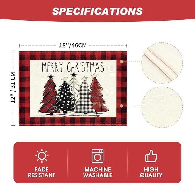 Artoid Mode Red and Black Buffalo Plaid Christmas Trees Placemats Set of 2, 12x18 Inch Winter Table Mats for Outdoor Home Party Kitchen Dining Decor