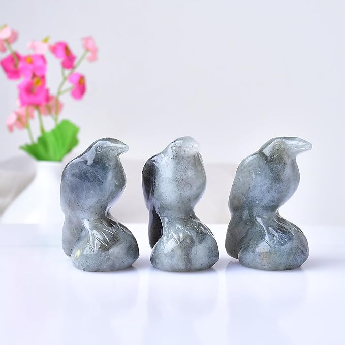 Natural Labradorite Crystal Raven Statue 2" Healing Crystal Handmade Sculpture Guardian Pocket Statues Reiki Meditation Office Home Decoration Gift