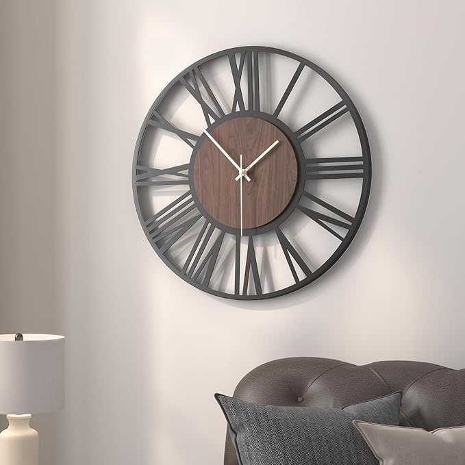Modern Wall Clocks for Living Room, 16 inch Wood Walnut Dial Decorative Wall Clock Battery Operated, Non Ticking Silent Big Round Black Metal Clock, Bedroom, Kitchen, Office Decor-Roman Numerals