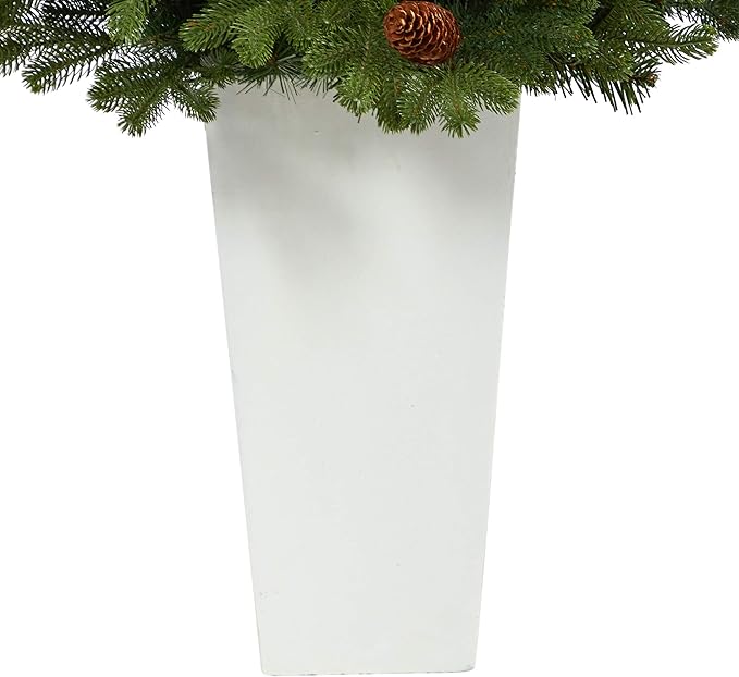 Nearly Natural 3.5ft. Yukon Mountain Fir Artificial Christmas Tree with 50 Clear Lights and Pine Cones in White Planter