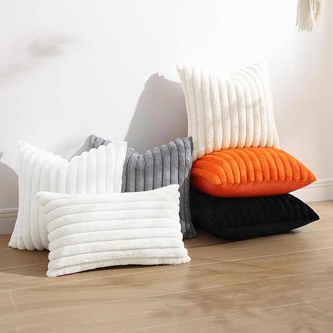 decorUhome Faux Fur Christmas Throw Pillow Covers 20x20 Set of 2, Decorative Soft Plush Striped Neutral Couch Euro Pillow Covers with Velvet Back for Sofa, Bed, Living Room Home Decor, Black
