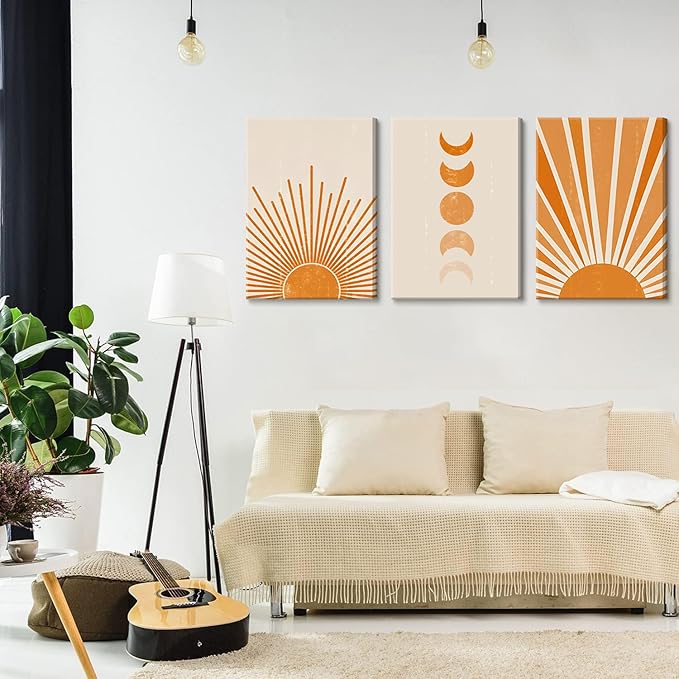 3Pcs Boho Minimalist Wall Art Abstract Sun Moon Canvas Wall Decor Beige Sunshine Mid Century Modern Nordic Style Pictures Prints Posters for Living Room Bedroom Home Decor Ready To Hang 16x24in